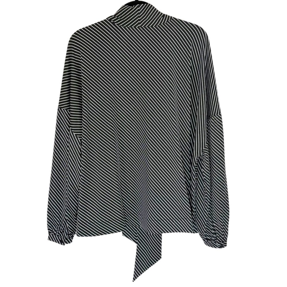 Laurie Felt Striped Oversized Tie Neck Balloon Sleeve Top Size Medium - Picture 2 of 9